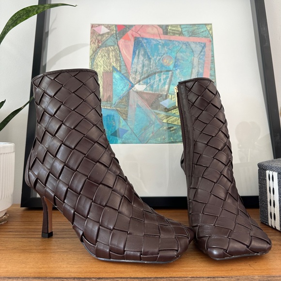 ASOS DESIGN Evita high-heeled square toe woven boots in brown - Picture 1 of 11